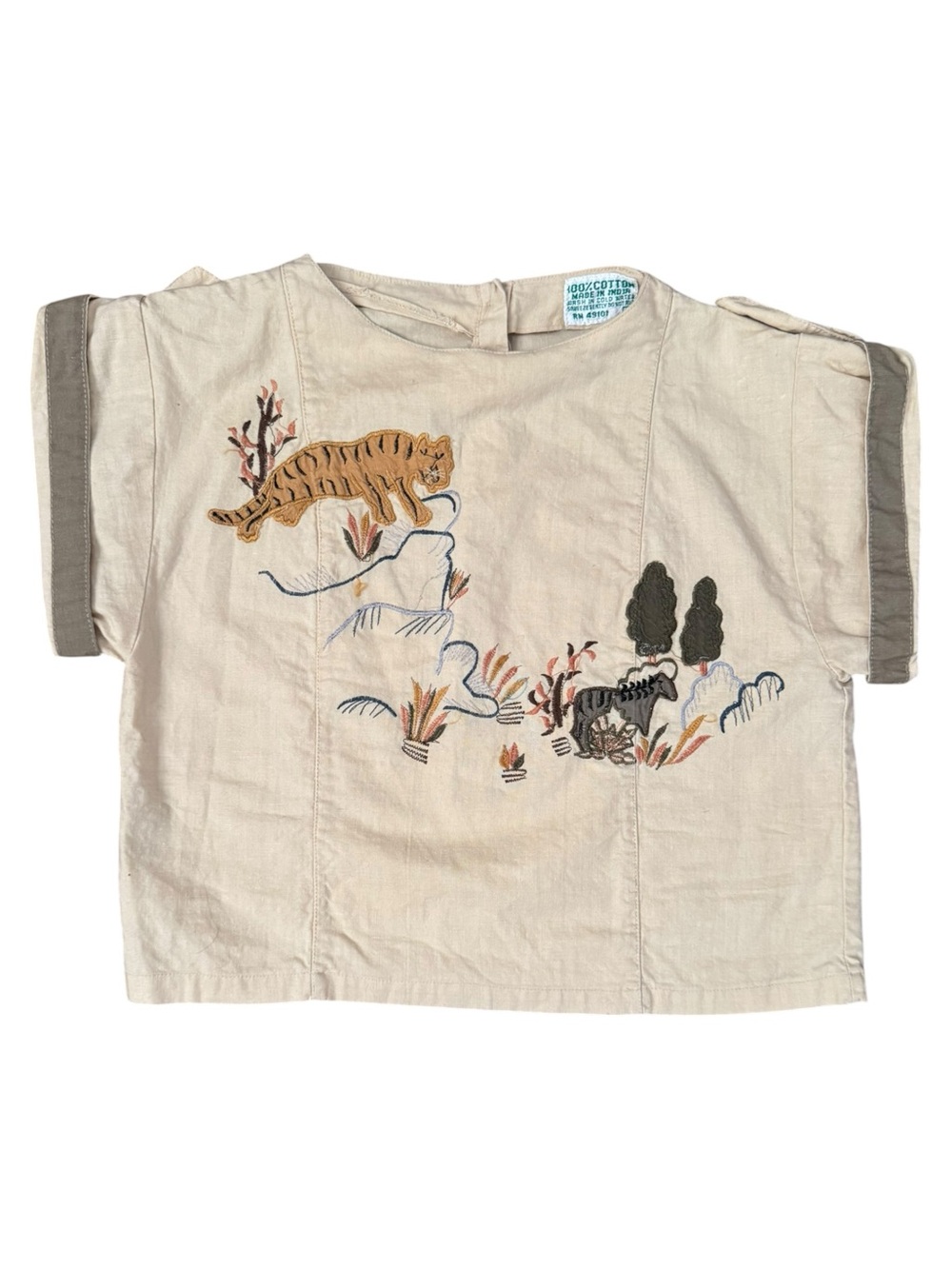 Vintage Embroidered Safari Tiger Cotton Crop Top
